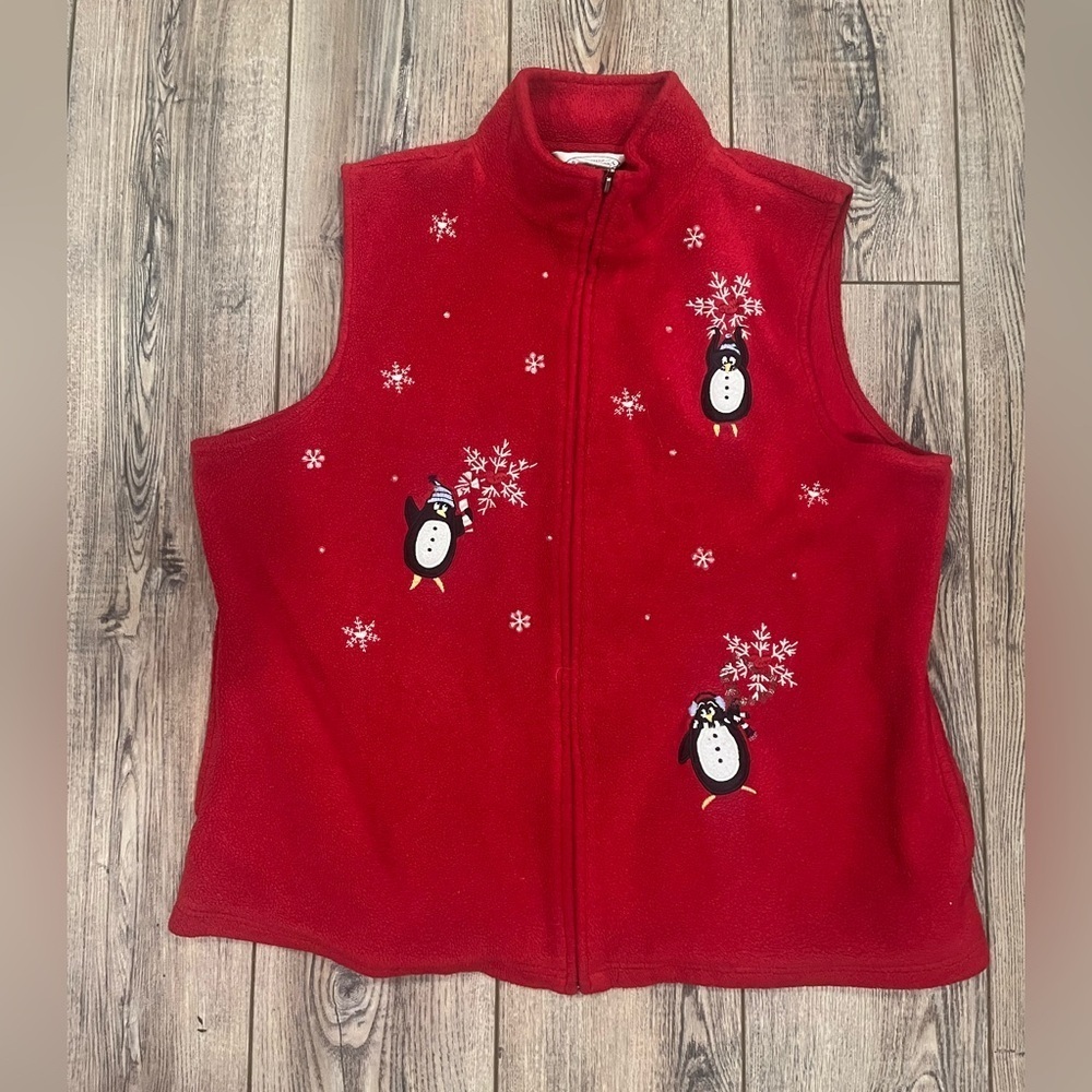 Northern Reflections Vintage Red Fleece Penguin Vest with sparkly beads size XL